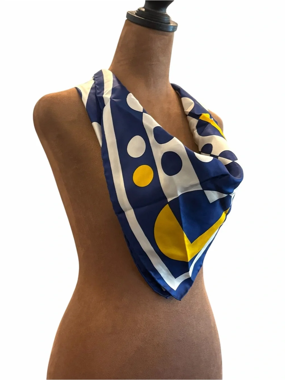 Silk Scarf Hand Rolled Edges 26” Blue Yellow White Geometric Dots STAINS Italy